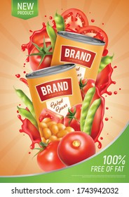 Realistic vertical poster with two tins of natural baked beans tomatoes and green pods vector illustration