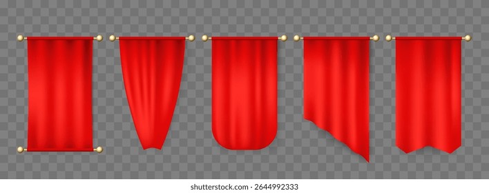 Flâmula vermelha vertical realista sobre fundo transparente. Sinalizar diferentes formas. Pano pingente heráldico. Pennon dobra. Um cartaz suspenso. Decoração de férias. Vetor têxtil