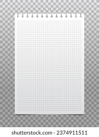Realistic vertical white checkered sheet torn from a notepad on a transparent background