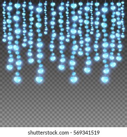 Realistic vertically hanging garlands with blue lights in shape of heart on transparent background. Vector illustration.