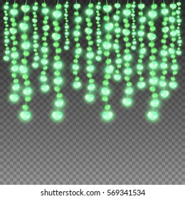 Realistic vertically hanging garlands with green lights in shape of heart on transparent background. Vector illustration.