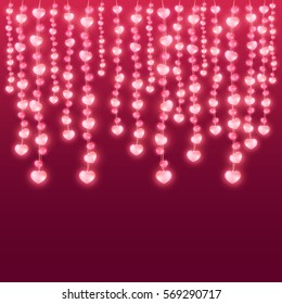 Realistic vertically hanging garlands with lights in shape of heart on red background. Vector illustration.