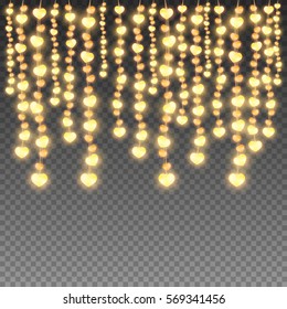 Realistic vertically hanging garlands with yellow lights in shape of heart on transparent background. Vector illustration.