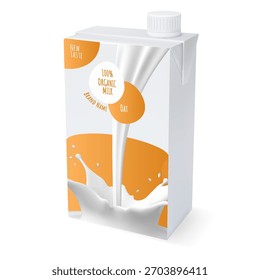 Una maqueta realista y vibrante de empaque de leche de avena con un diseño amarillo. Producto natural, fresco. Publicidad de estilo de vida saludable y nutrición. Ilustración vectorial. Icono. Fondo aislado.