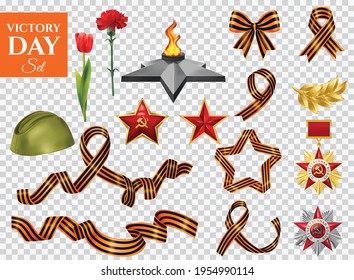 Realistic victory day transparent set of isolated world war icons saint george ribbons medals and flowers with text "Patriotic War" on medal vector illustration