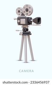 Realistic video camera on tripod. Retro equipment with films on reels. Vertical poster with space for text. Advertising of services of operator, studio. Concept for cinema site