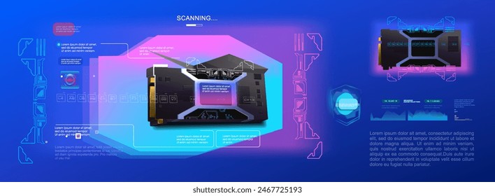 Realistische Video-Karte für Computer auf futuristischem Hintergrund. Cyber-Banner mit moderner, realitätsnaher PC-Video-Karte. Leistungsstarke Grafikkarte für Mining- oder Video-Spiele