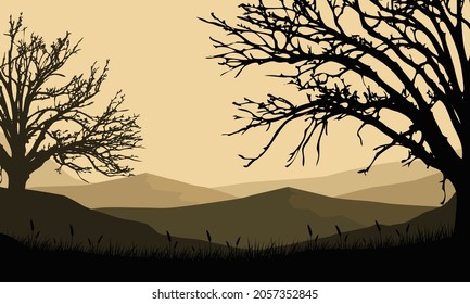 Realistic view of mountains in the afternoon from the out of the city with aesthetic dry tree silhouettes. Vector illustration of a city