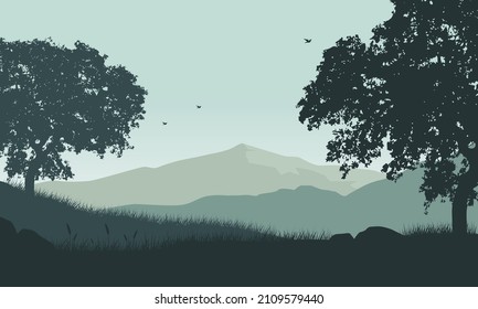 Realistic view of mountains at dusk in the countryside with silhouettes of pine trees all around