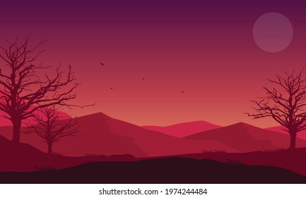 A realistic view of the mountains from the edge of the city at dusk. Vector illustration of a city
