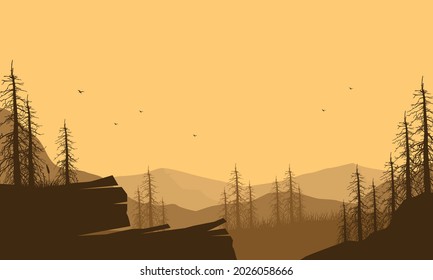 Realistic view of mountains with forest in the evening from the outskirts of the city. Vector illustration of a city