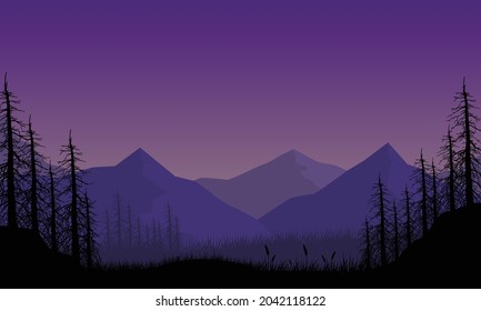 Realistic view of mountains with forest from the out of the city at night. Vector illustration of a city