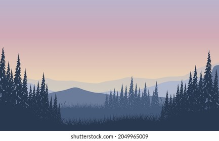 Realistic view of mountains with forest from the out of the city at sunset. Vector illustration of a city