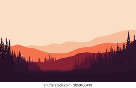 Realistic view of mountains with forest from the out of the city at sunset in the afternoon. Vector illustration of a city