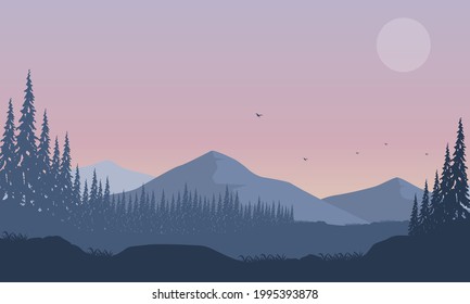 Vista realista de las montañas con bosque desde las afueras de la ciudad al atardecer. Ilustración vectorial de una ciudad