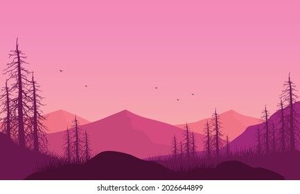 Realistic view of mountains with forest from the outskirts of the city in the evening. Vector illustration of a city
