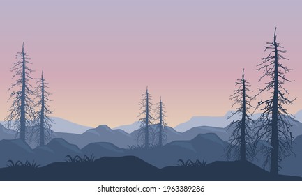 Realistic view of the mountains in the morning from the suburbs. Vector illustration of a city