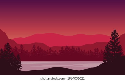 A realistic view of the mountains from the riverbank with the silhouettes of the surrounding trees. Vector illustration of a city
