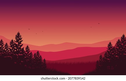 Realistic view of mountains and silhouettes of pine trees at dusk in the evening. Vector illustration of a city