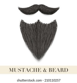 Realistic Vintage Black beard with curly mustache. Vector Illustration isolated on a white background. 