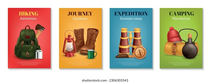 Realistic vintage camping set of four vertical posters with text and essential items for outdoor adventure vector illustration