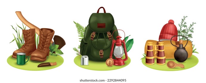 Realistic vintage camping set of three isolated compositions with backpack shoes tools and binocular in grass vector illustration