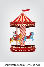 Realistic vintage carousel with blue, orange and white horses. Vector illustration