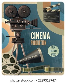 Realistic vintage design template of cinema production film festival week poster with camcorder clapper reels vector illustration