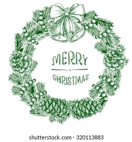 Realistic vintage engraving wreath of fir branches and pine cones, handwritten inscription Merry Christmas,  Christmas ball, beads beads isolated on white background. Christmas and New Year design