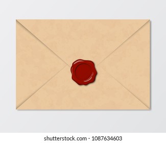 Realistic vintage envelope of old paper with wax seal, isolated vector