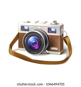 Realistic vintage film photo camera with detailed macro lens, body. Vector retro professional digital, analogue technology. Photography optical device. Realistic illustration isolated