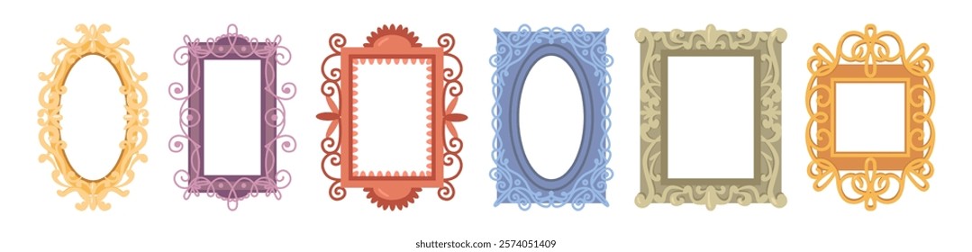 Realistic vintage frames with copy space. Vector isolated set of retro carved and embellished borders for photography and picture, artwork or drawing. Rococo classic style, elegant interior addition