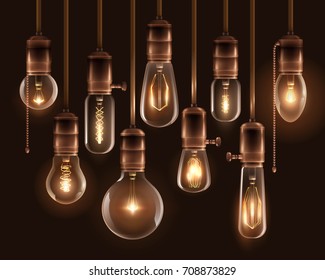 Realistic vintage glowing light bulbs icon set with hanging downward from the ceiling vector illustration