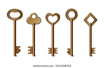 Realistic vintage golden metal key set icons isolated vector illustration