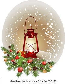 Realistic vintage kerosene lantern with spruce tree twigs, holly leaves and pine cone. Vector kantique lamp.Template for your arts with cozy Christmas decor, tree branch, cone, Christmas red ball