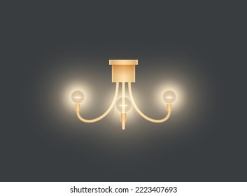 Realistic vintage lamp. 3d retro light furniture for interior design. Luxury electric sconce with lampshade. Glowing luminaire hanging on wall, chandelier. Vector illustration