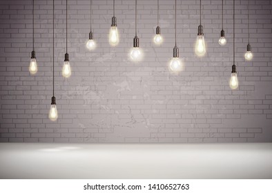 Realistic vintage light bulbs on background with grey brick wall vector illustration