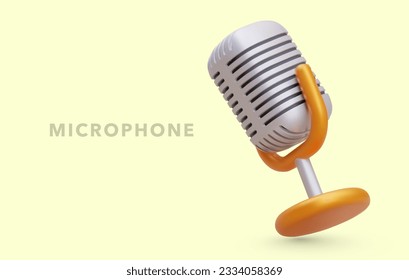 Realistic vintage metal microphone. Sound recording equipment. Symbol of concert, performance, singing competition. Concept on yellow background with place for text