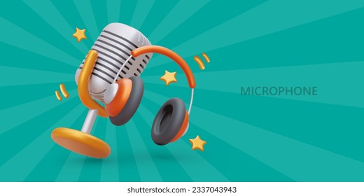 Realistic vintage microphone and headphones. Recording studio services. Concept for store, professional audio equipment, gadgets. Poster for karaoke bar