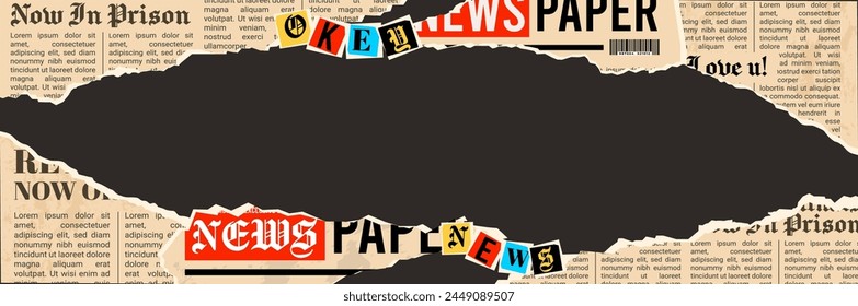 Realistic Vintage Newspaper Background with torn paper scraps and place for text. Breaking news and urgent news event. Scraps of newspaper pages. Ransom blackmail letters ans phrases from newspaper. 