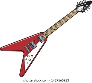 Realistic vintage red colored electric guitar illustration, isolated on white background.