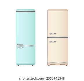 Realistic vintage refrigerators with freezers and main space for food. Vector isolated kitchen appliances for keeping meal fresh and cool. Fridge from 80s or 70s, trendy models for interiors