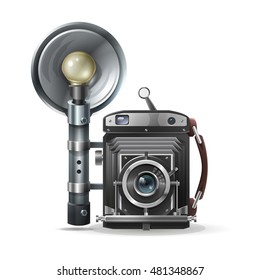 Realistic vintage retro camera with flare. Vector illustration on white background.
