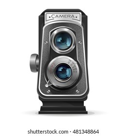 Realistic vintage retro camera. Vector illustration on white background.