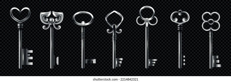 Realistic vintage silver keys icon set seven isolated keys in different shapes on transparent background vector illustration