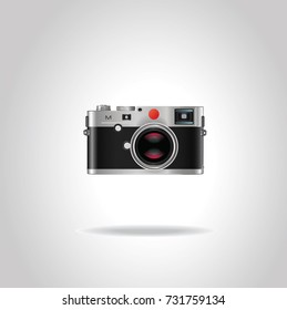 Realistic vintage style retro photo camera with shiny red lens. Vector illustration isolated on gray 