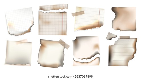 Realistic vintage torn and burnt notebook paper pieces set with scorched edges, including grid, lined, and blank styles, isolated on white.Torn Burned Lined and Grid Paper Elements.Vector illustration