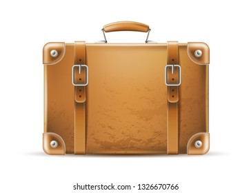 Realistic vintage travel bag isolated. Vector leather baggege suitcase for summer vacation design.  