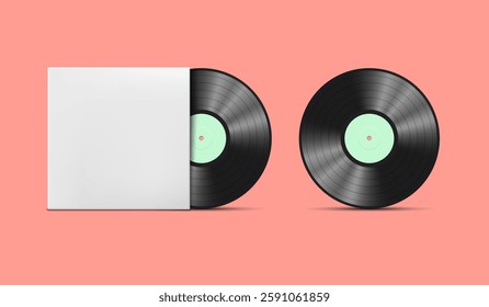 Realistic vintage vinyl records with label and shadows, in box and separately, isolated on white background. Vector 3d illustration.