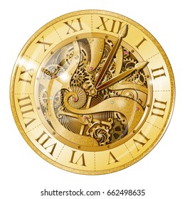 Realistic vintage watches with gears composition with mechanical clockwork mechanism visible under transparent watch face vector illustration